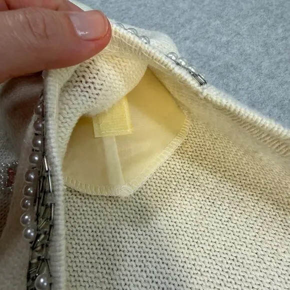 Cervelle Women's Sweater Cream S Ramie Cotton Beaded Embellished Rhinestones - Picture 9 of 11